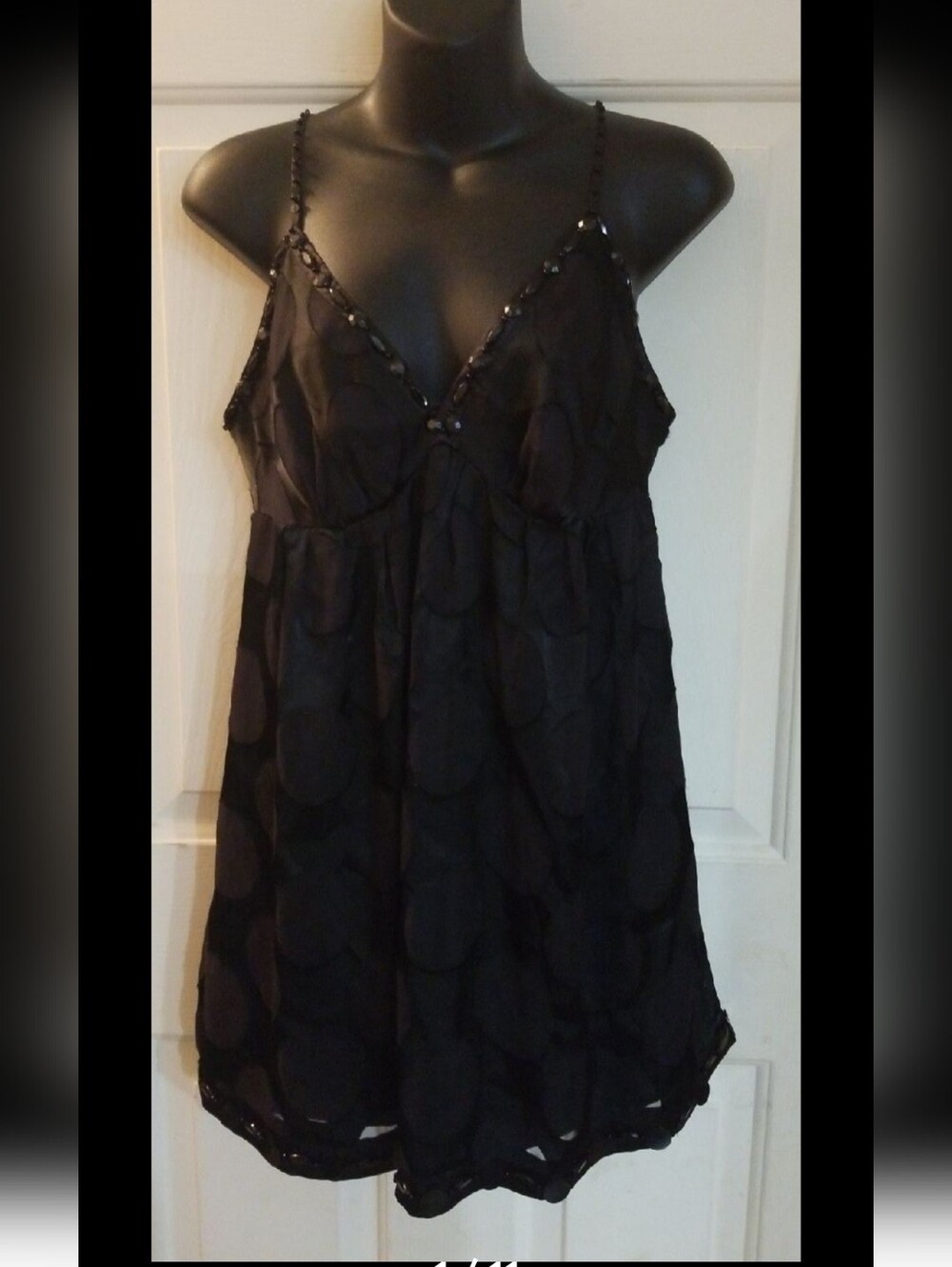 Nicole Miller Black Spaghetti-Strap Mini Dress with Beaded Trim #TT1#